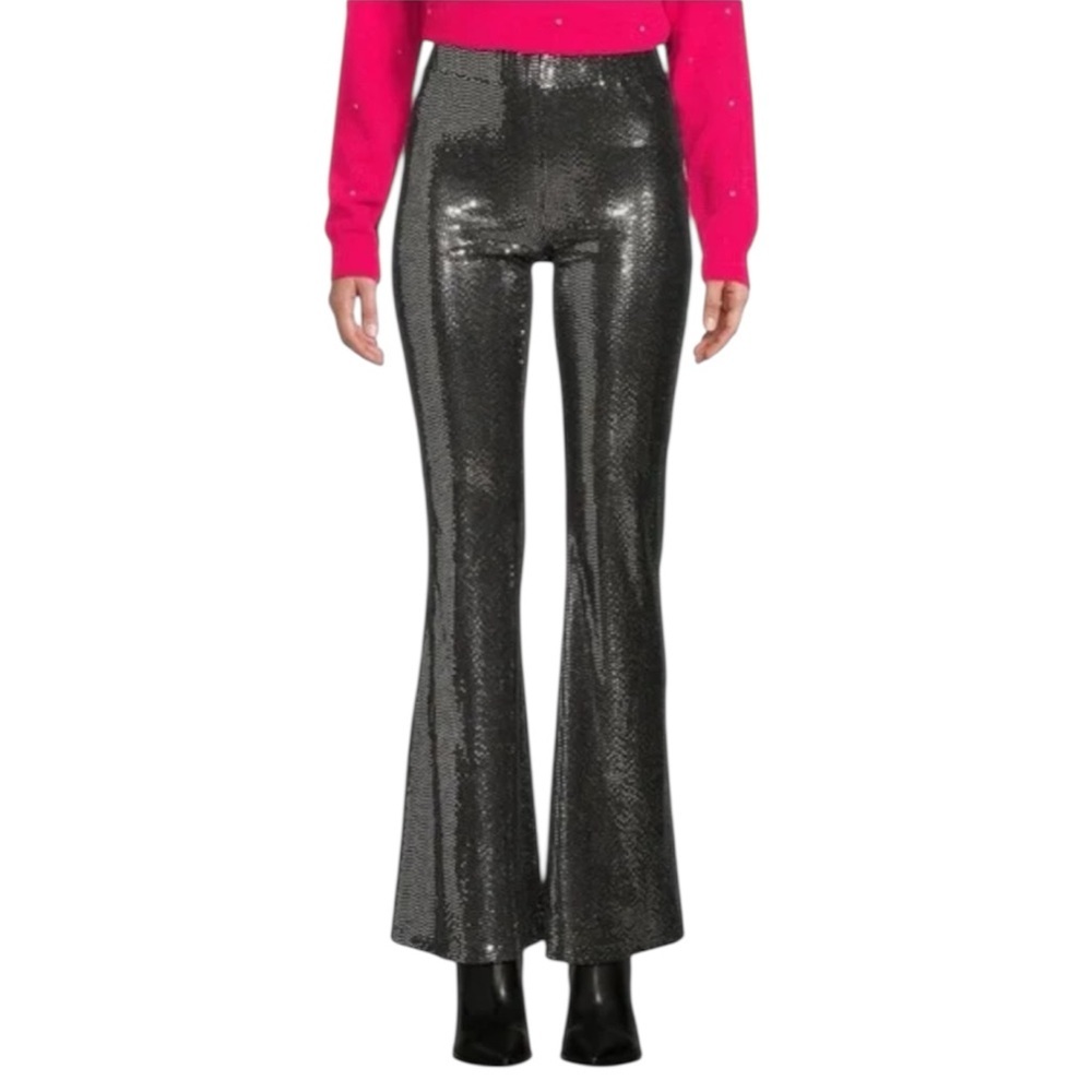 Chelsea & Violet Metallic Flare Pants Size L Silver Black Shimmer Party PantsNWT